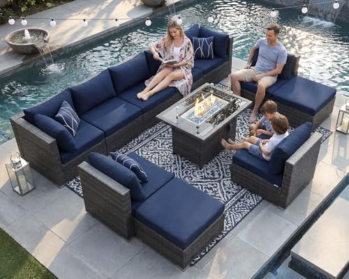 NICESOUL 11 Piece Outdoor Furniture Set with Firepit Table, Luxury 10-Person Patio Sectional Sets, 29.3'' High-Back Backyard Seating Area, All-Weather Rattan Couch Set for Outside, Deck, Grey&Blue