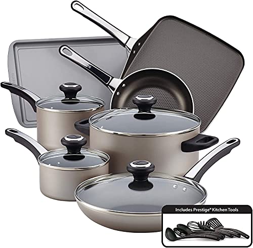 Farberware 21925 High Performance Nonstick Cookware Set / Pots and Pans Set Dishwasher Safe - 17 Piece, Silver