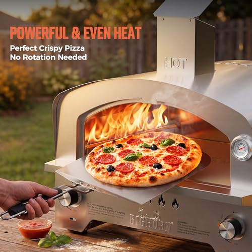 BIG HORN Gas Pizza Oven, Portable Propane Pizza Oven with 15 inch Pizza Stone, Stainless Steel Pizza Maker for Outdoor Cooking