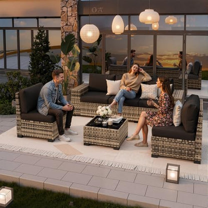 VONZOY Patio Furniture Set, Wide Armrest Outdoor Furniture Set with Thick Cushions, 6 Piece Wicker Rattan Patio Sectional Sofa for Backyard, Poolside, Garden