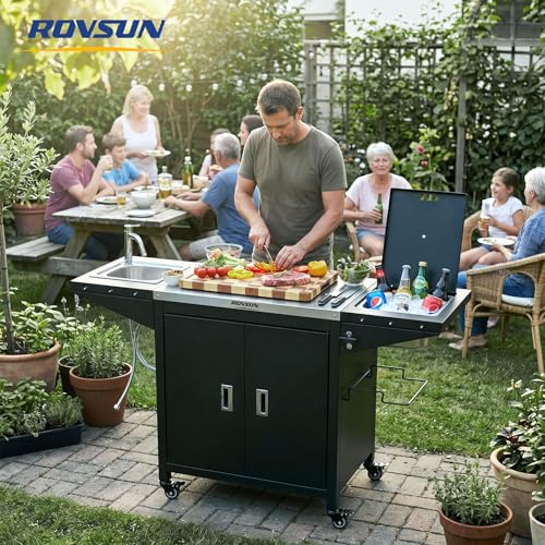 ROVSUN Outdoor Grill Cart with Sink, 304 Stainless Steel Sink with Cold Drink Refrigerated Area, Rolling Kitchen Prep Island with Cabinet, Bottle Opener, Rubbish Rack, for Patio, Gardens, Backyards
