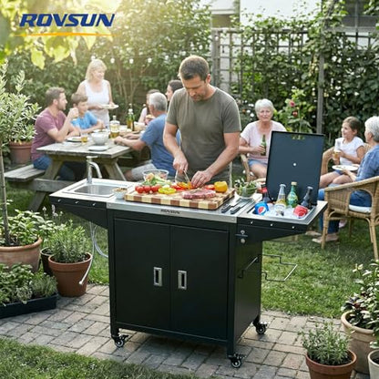 ROVSUN Outdoor Grill Cart with Sink, 304 Stainless Steel Sink with Cold Drink Refrigerated Area, Rolling Kitchen Prep Island with Cabinet, Bottle Opener, Rubbish Rack, for Patio, Gardens, Backyards