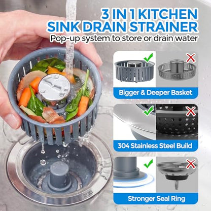 Sink Drain Strainer - Sink Stopper Kitchen Drain, 3 in 1 Kitchen Sink Drain Strainer with Anti-Clogging Basket, Kitchen Gadgets Clearance Sink Accessories, Fit US Standard 3-1/2'' Sink Hole, Silver