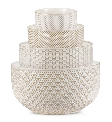 KooK Ceramic Mixing Bowls, Nesting Set of 4, Embossed Kitchen Dishware, Prep, Serving, Gift, Microwave and Dishwasher Safe, 20/44/98/145 oz, Narbonne Collection (Ivory)