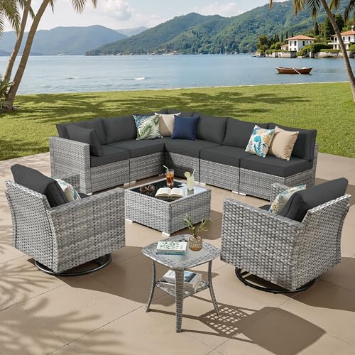 ovios Outdoor 10 Piece Coversation Set with Swivel Rocking Chair,Sectional Patio Furniture Set with All-Weather Wicker Sofa,Modern Outside Couch for Balcony Backyard Pool, Black
