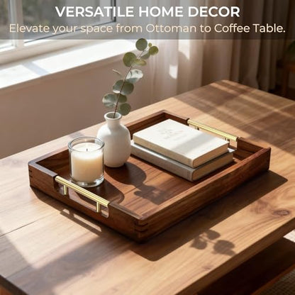 ZENPTIA Acacia Wood Serving Tray with 2 Sets of Handles (Gold & Silver) - 17" Large Wooden Tray for Ottoman Coffee Table, Decorative Tray for Living Room & Kitchen - Solid Wood Table Topper