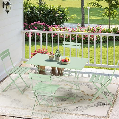 MELLCOM 5-Piece Foldable Patio Dining Set with Rectangular Table and Chairs, Weather-Resistant Iron Outdoor Dining Set for 4 People, Outdoor Table and Chairs for Patio, Yard, Indoor, Green