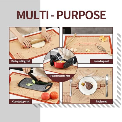 Cook's Aid Silicone Pastry Mat Extra Large with Measurements 26''x16'' for Reusable,Non-slip Silicone Baking Mat, Counter, Dough Rolling, Oven Liner,Fondant/Pie Crust, Red