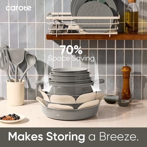 CAROTE 27pcs Ceramic Cookware Set Nonstick, Pots and Pans Set Non Stick, Non Toxic Cookware Detachable Handles, Dishwasher/Oven Safe, RV/Camping Cookware with Kitchen Utensils, Gray