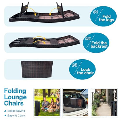 Folding Patio Chaise Lounge (Set of 1 Chair), Foldable Long Reclining Patio Seating Chairs, Outdoor Wicker Lounge Chair, Rattan Chaise Lounge Lawn Sunbathing Chairs Beach Pool Backrest Recliners