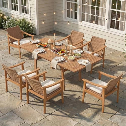 SUNSITT 7-Piece Outdoor Patio Dining Set, 55" - 71" Acacia Wood Expandable Outdoor Table Set with Umbrella Hole, 6 Woven Rattan Chairs w/Removable Cushions for Backyard, Porch, Deck