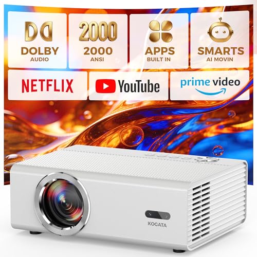 Smart Projector with WiFi and Bluetooth, Proyector-4K Support Official Licensed Apps, 2000 ANSI/AI Auto Focus/50W DoIby/HDR10+/Quiet, Kogata Portable Indoor/Outdoor Movie Projector Ceiling