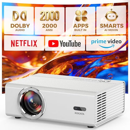 Smart Projector with WiFi and Bluetooth, Proyector-4K Support Official Licensed Apps, 2000 ANSI/AI Auto Focus/50W DoIby/HDR10+/Quiet, Kogata Portable Indoor/Outdoor Movie Projector Ceiling
