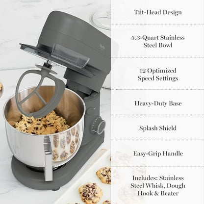 Martha Stewart 5.3Qt Stand Mixer, 12-Speed Tilt-Head Electric Kitchen Mixer with Stainless Steel Bowl, Dough Hook, Whisk & Beater, Splash Guard, Ideal for Baking Bread, Cake & Whipping, Caviar Gray