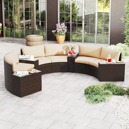 Tangkula 7 Pieces Patio Furniture Set, Rattan Half-Moon Curved Sectional Cushioned Sofas with Tempered Glass Top Side Tables, Outdoor Conversation Set for Porch, Backyard & Poolside