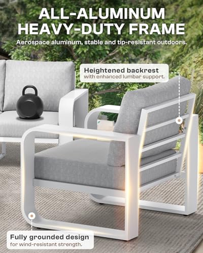 Oasbira Oversized Aluminum Outdoor Furniture Set, Extra Large Patio Furniture Sofa Set 4.8” Widened Armrest & Ultra-Thick Cushions, 4 Pcs Modern Patio Sectional for Backyard, Porch, White