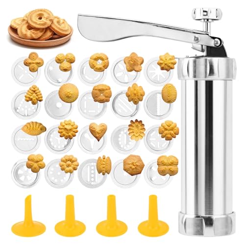 Stainless Steel Cookies Press Gun Manual Churro Maker Machine Churro Maker Kit with 20 Cookie Discs and 4 Piping Tips for DIY cake Makers Decorating Baking Supplies(Silver,Size:16.5x5cm/6.5x1.97inch)