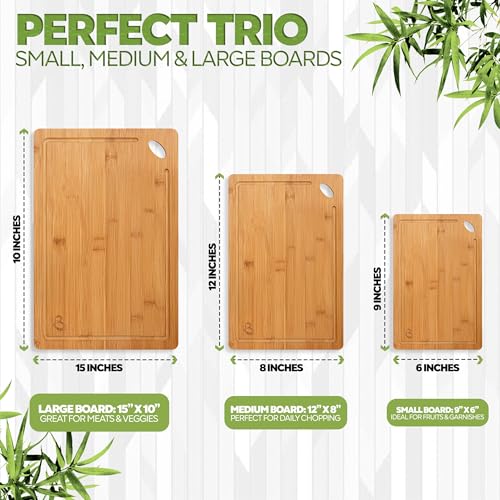 Wood Cutting Boards Set of 3 – Non-Toxic Bamboo Chopping Boards for Kitchen with Deep Juice Grooves – Durable, Eco-Friendly Wooden Serving Boards for Meat, Vegetables & Fruit