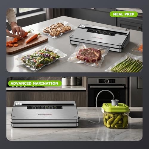 Bonsenkitchen Vacuum Sealer Machine with 1 Roll & 5 Airtight Bags, 5 Vacuum Modes, 80 kPa Powerful Suction, Built-in Cutter & Bag Storage – Silver