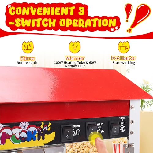 Commercial Popcorn Machine, 10 Oz Kettle, 1300W Countertop Popcorn Maker for 60 Cups per Batch, Movie Theater Popcorn Popper with 3-Switch Control, 2 Scoops 1 Cup (21.3"L * 14.4"W * 26"H)