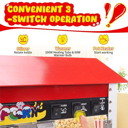 Commercial Popcorn Machine, 10 Oz Kettle, 1300W Countertop Popcorn Maker for 60 Cups per Batch, Movie Theater Popcorn Popper with 3-Switch Control, 2 Scoops 1 Cup (21.3"L * 14.4"W * 26"H)