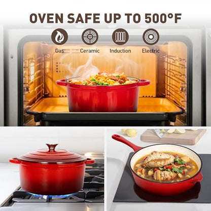 MAISON ARTS 7 Piece Enameled Cast Iron Cookware Set, Heavy Duty Induction Dutch Ovens Pot with Lid, Red Non Toxic Pots and Pans Sets, PFOA-PFOS Free