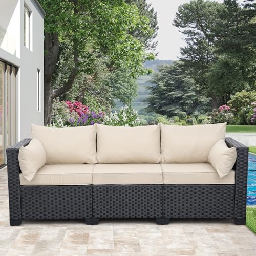 Rattaner Patio Furniture 3-seat Sofa Wicker Outdoor Furniture Outdoor Couch Deep Seat Hight Backrest Waterproof Cover Anti-Slip Cushions, Khaki