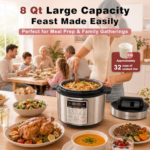 VAJ 8-Quart Electric Pressure Cooker, 12-in-1, 14 Presets, 1200W, Silver