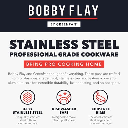 GreenPan x Bobby Flay Stainless Steel 12 Piece Cookware Pots & Pans Set, Professional Grade Tri-Ply, Multiclad, PFAS-Free Ceramic Nonstick, Induction Suitable, Dishwasher & Oven Safe,Stay Cool Handles