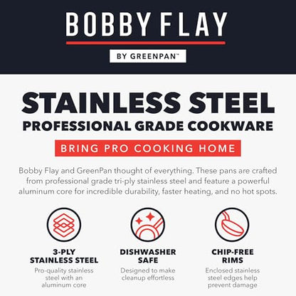 GreenPan x Bobby Flay Stainless Steel 12 Piece Cookware Pots & Pans Set, Professional Grade Tri-Ply, Multiclad, PFAS-Free Ceramic Nonstick, Induction Suitable, Dishwasher & Oven Safe,Stay Cool Handles