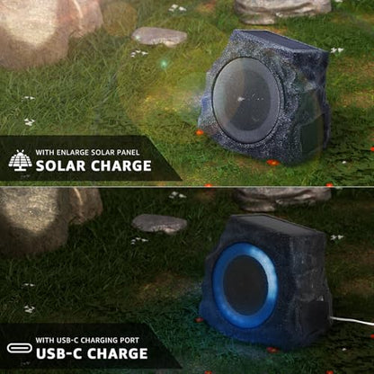 uuffoo 2-Pack Solar Powered Rock Speakers Outdoor Water-Resistant IP44 Rock Speaker with Lights RGB Colors and USB Charging for Patio Pool Party Yard Garden Outside