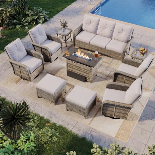 Aoxun 10-Piece Wicker Rattan Patio Furniture Set with 44" Fire Pit Table