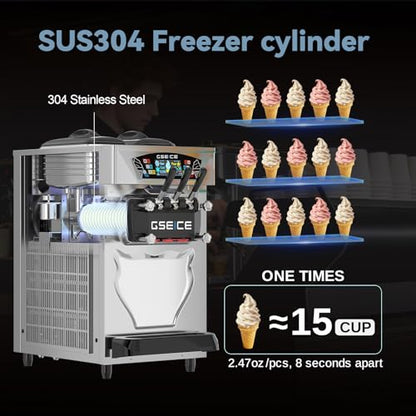 Commercial Soft Serve Ice Cream Machine 3 Flavor, Countertop Soft Serve Machine 22–28 L/hr, 2×6L Hoppers, 110V 1600W, Frozen Yogurt Machine with Pre-Cool, Night Mode, Low Mix Alert, One-Touch Clean