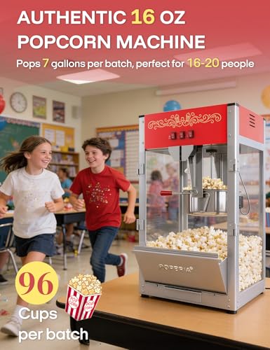 PopBria Commercial Popcorn Machine, Authentic 16oz Kettle Countertop Popcorn Maker with Waming Deck, 1600W Large Popcorn Machine for Restaurant, Concession Stand, Carnival, School, Office, Red