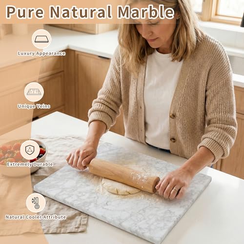 Carrara Marble Cutting Board for Kitchen, 20 x 16 Inch Large Marble Pastry Slab, White Stone Cutting Board for Dough Kneading, Baking, Rolling, Cheese