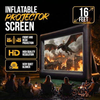 KHOMO Gear 16 ft Outdoor Projector Screen with Built-in Blower - Supports Front and Rear Projection - Includes Tie-Downs and Storage Bag - Inflatable Projector