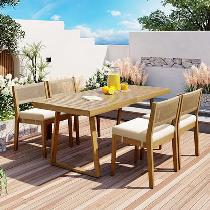 CKLMMC Modern 5 Pieces Patio Dining Table Set, Acacia Wood Dining Table and 4 Chairs,Outdoor Indoor Furniture Set for Garden, Backyard, Balcony (Beige)