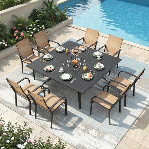 DSNAPE 9 Pieces Patio Table and Chairs Set, 59.6" Square Dining Table with Umbrella Hole & 8 Textilene Fixed Chairs, Dining Table Set for 8, Outdoor Furniture for Porch Deck Yard Balcony Lawn, Brown