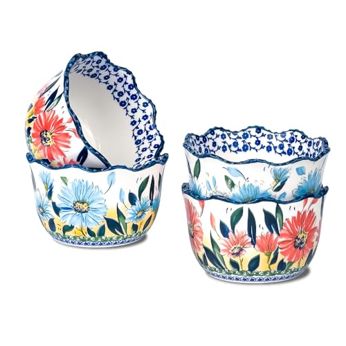 KXZ Ceramic Ramekins Set of 4 – 13.5 oz Oven Safe Small Bowls for Baking and Serving, Porcelain Souffle Cups Dessert Bowls for Creme Brulee, Custard, Dips & Snacks – Hand-Painted Floral Ramekin Set
