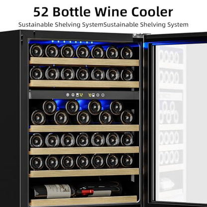 Antarctic Star 24 Inch Wine Fridge, 52 Bottle Wine Cooler Refrigerator. 39-64°F Dual Zone Wine Refrigerator Glass Door, Built in or Freestanding Under Counter Fridge for Home Bar Office