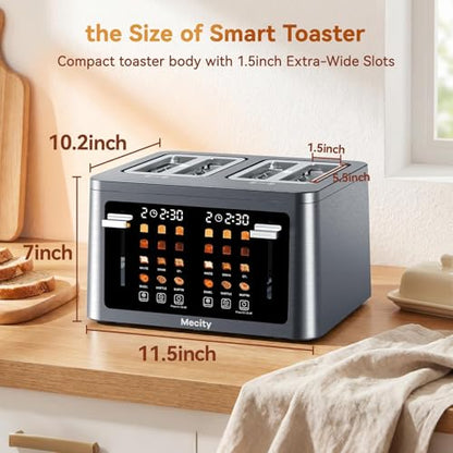 Mecity 4 Slice Touchscreen Toaster, 6 Bread Modes & 6 Browning Levels, Dual Touch Control Wide Slot Stainless Steel Electric Toaster with Memory, Defrost, 3-Min Auto Shutoff for White, Bagels, Waffles