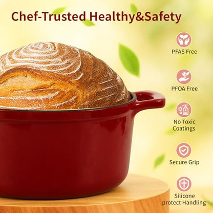 Tastedeli Enamel Cast Iron Dutch Oven with Lid, Round Casserole Pot for Bread Baking, Braising, Roasting, and Stews, Heavy-Duty, Oven Safe, Induction Compatible (4.7QT,Red)