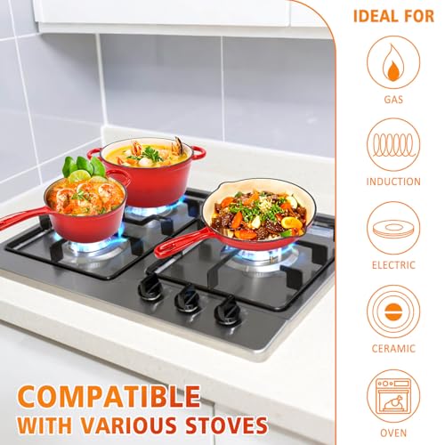 Enameled Cast Iron Cookware Set - 3 PC Set of 5.5QT Dutch Ovens, 2QT Sauce Pan, 10.2 Inch Ceramic Frying Pan, Ceramic Coated Cast Iron Dutch Ovens set, Heavy Duty, Gas/Induction Compatible,Red