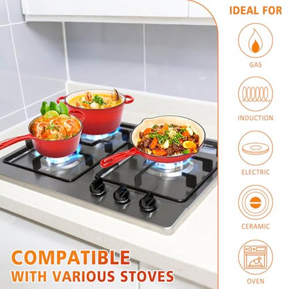 Enameled Cast Iron Cookware Set - 3 PC Set of 5.5QT Dutch Ovens, 2QT Sauce Pan, 10.2 Inch Ceramic Frying Pan, Ceramic Coated Cast Iron Dutch Ovens set, Heavy Duty, Gas/Induction Compatible,Red
