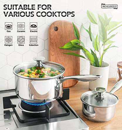 MICHELANGELO 3 Quart Saucepan with Lid, Thick Bottom Sauce Pan Stainless Steel Saucepan with Cover, Nonstick Sauce Pot, Induction Compatible