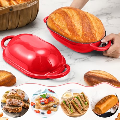 Maxdot 4qt Dutch Oven with Lid Enameled Cast Iron Sourdough Bread Pan for Baking Non Stick Single with Loop Handles for Family Homemade Breadbaking(Red)