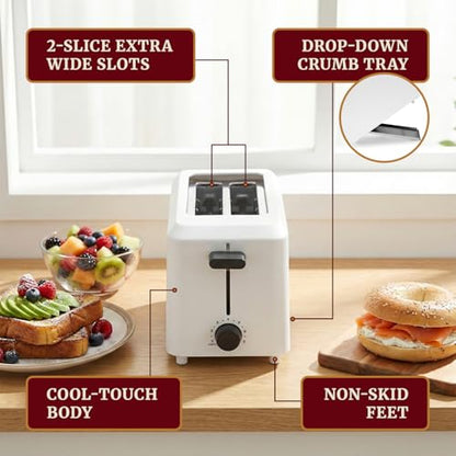 Elite Gourmet ECT-1027# Cool Touch Toaster, 7 Toast Settings Cancel Functions, Slide Out Crumb Tray, Extra Wide 1.5" Slots for Bagels Waffles Specialty Breads, Puff Pastry, Snacks, White