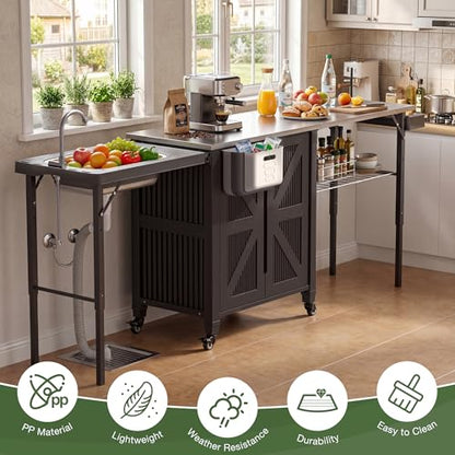 3-in-1 Outdoor Grill Cart with Sink & Faucet, Stainless Steel Top Outdoor Kitchen Island, Prep Table with Foldable Side Table, Storage Cabinet, Rolling Grill Station with Wheels for Patio, Backyard