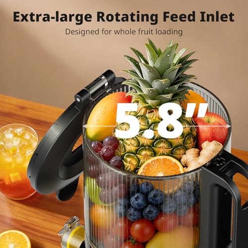AIRMSEN Juicer Machines, 5.8" Feed Chute Cold Press Juicer for Whole Fruit and Vegetable, 2.2 qt Auto-Feed Time-Saver, 7+1-Stage New Upgraded Auger Slow Masticating High Yield, Easy to Clean Black