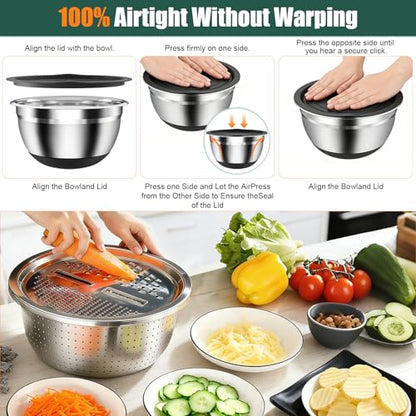 Stainless Steel Mixing Bowls Set with Lids & Silicone Base - 7-Piece Kitchen Gadgets Includes Colander, Grater, Egg Separator, Whisk - Nesting Bowls (1.5, 2, 2.5, 4.5 QT), Dishwasher Safe, Black